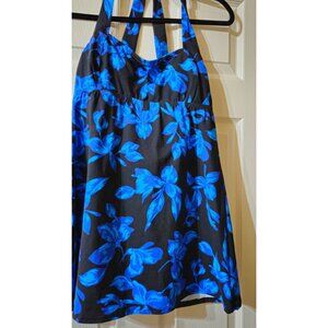 Lands End Womens Black & Blue Floral Halter Dresskini Top Size 8 Padded Swimwear